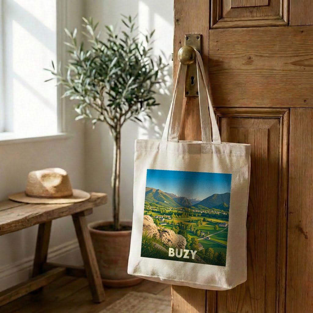 Tote bag souvenir de la ville de Buzy orné d'une illustration paysagère stylisée.