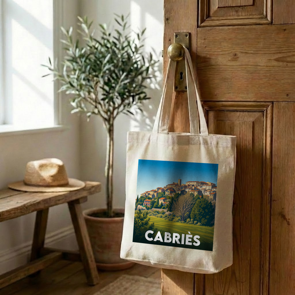 Tote bag souvenir de la ville de Cabriès avec une illustration stylisée d'un village perché.