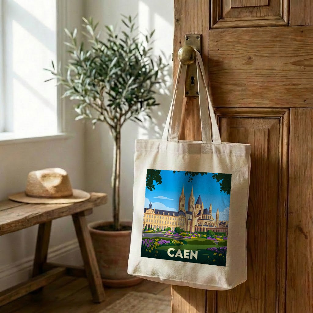 Tote bag souvenir de la ville de Caen avec une illustration stylisée de ses monuments.