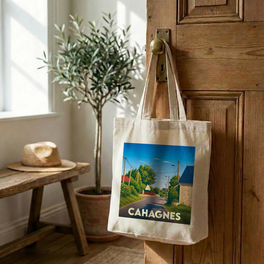Tote bag souvenir de la ville de Cahagnes avec une illustration stylisée d'un paysage urbain.