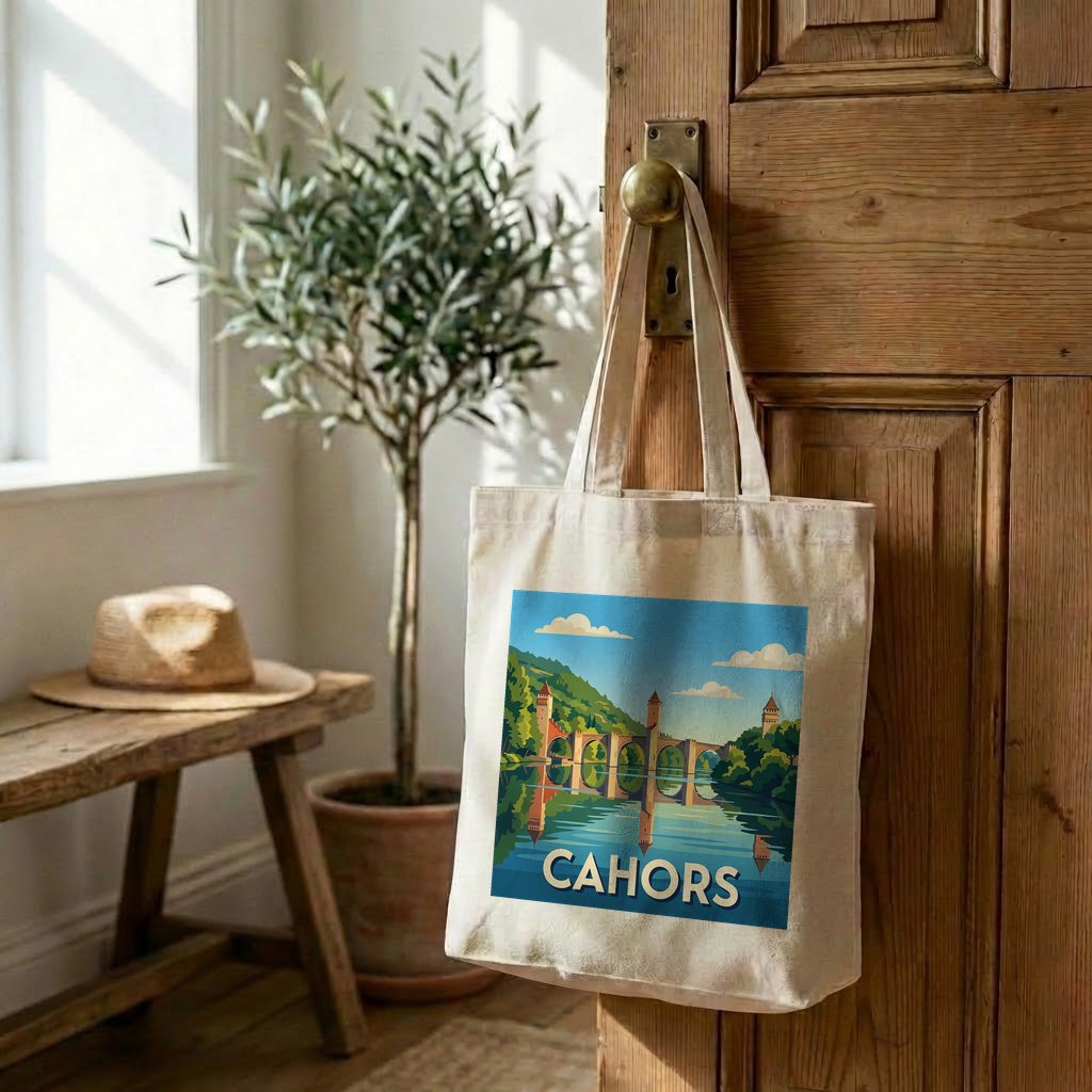 Tote bag souvenir de la ville de Cahors avec une illustration stylisée.