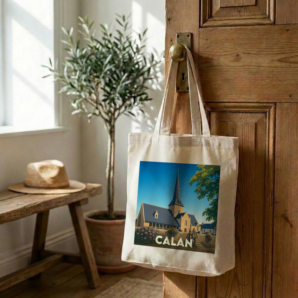 Sac cabas souvenir de la ville de Calan avec une illustration stylisée d'une église.