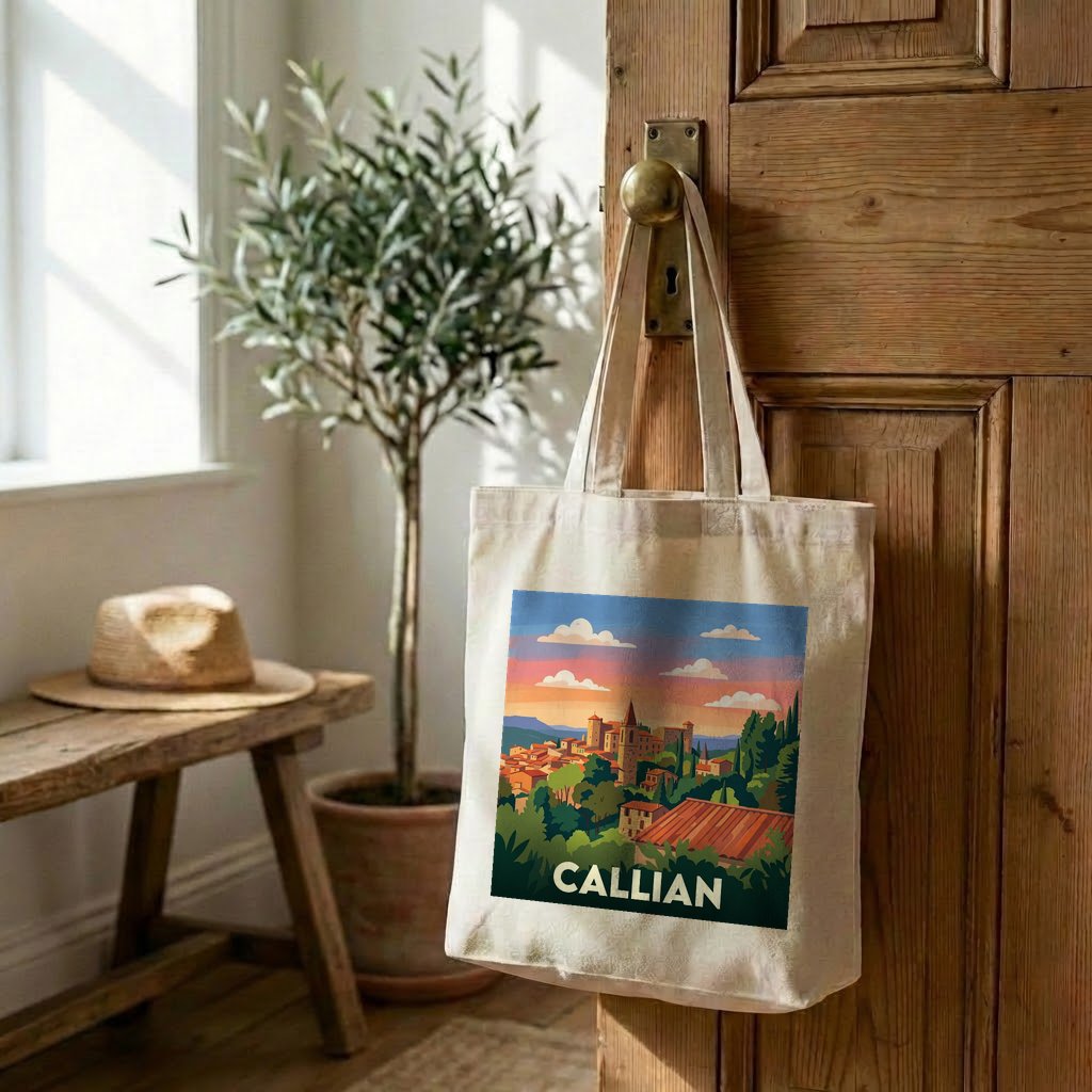 Tote bag souvenir de la ville de Callian avec une illustration stylisée du village.