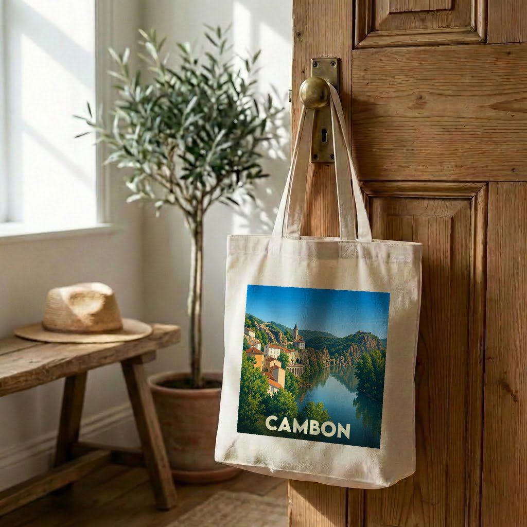 Tote bag souvenir de la ville de Cambon avec une illustration de paysage panoramique.