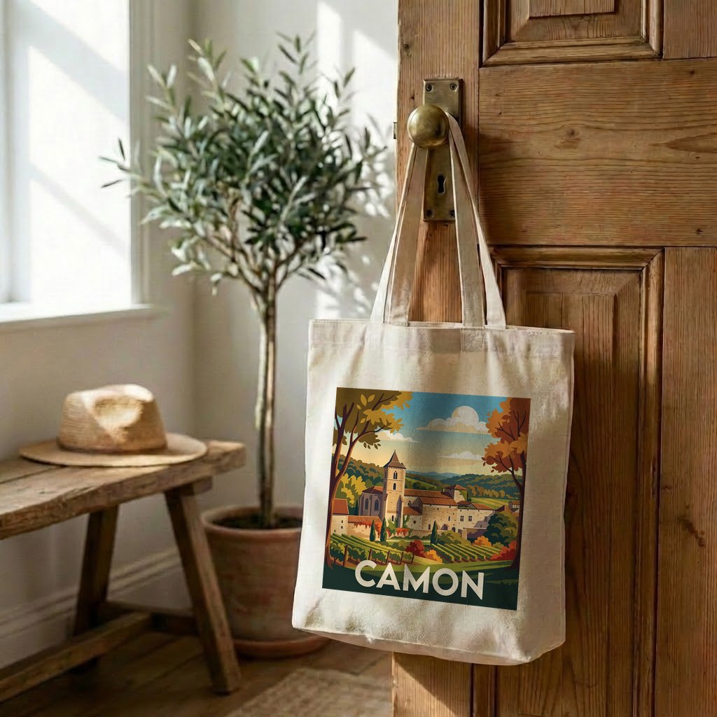 Tote bag souvenir de la ville de Camon avec une illustration stylisée du village.