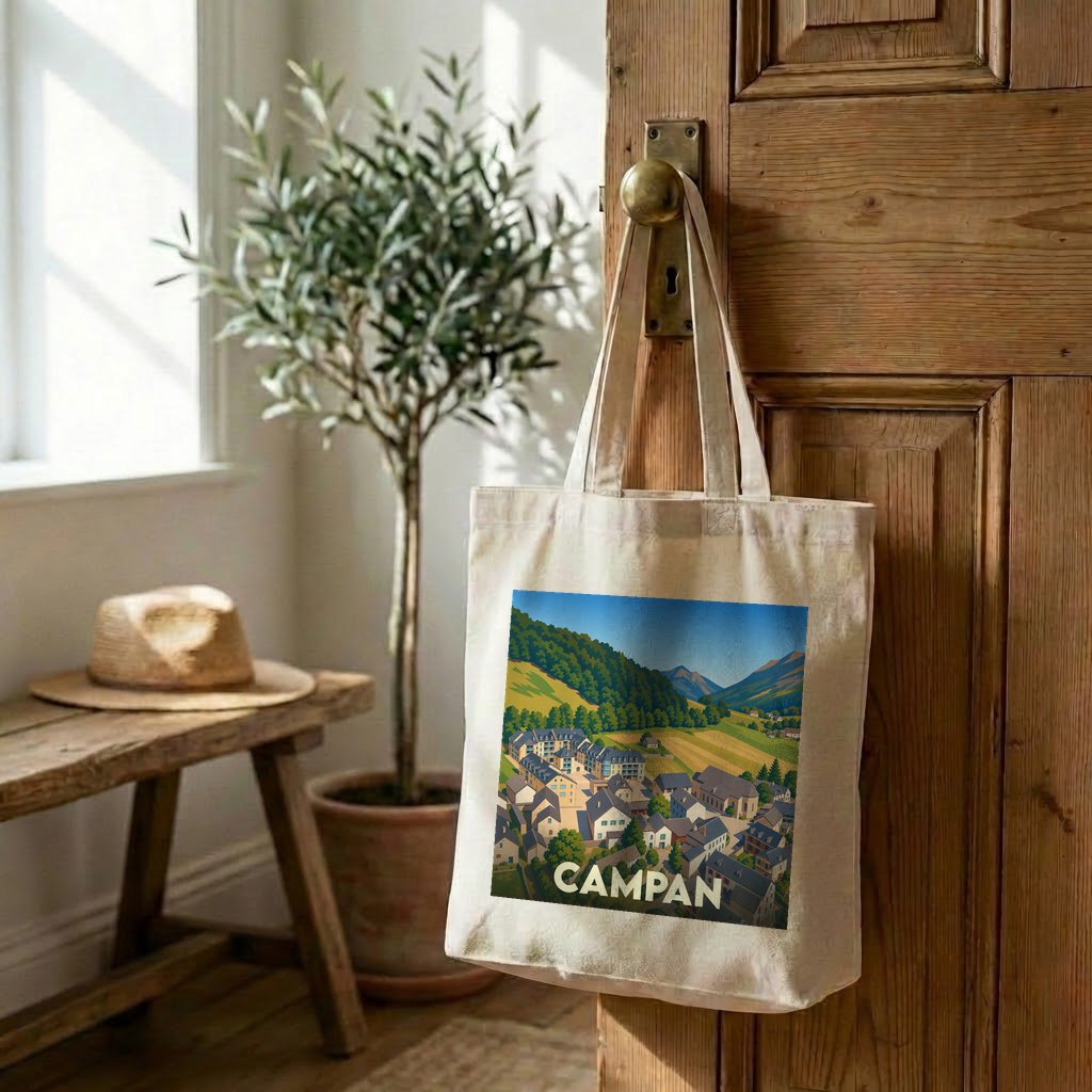 Tote bag souvenir de la ville de Campan avec une illustration stylisée.