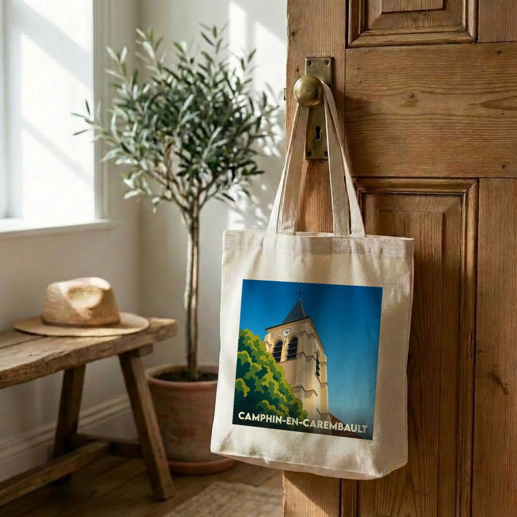 Tote bag souvenir de la ville de Camphin-en-Carembault avec une illustration stylisée de son église.