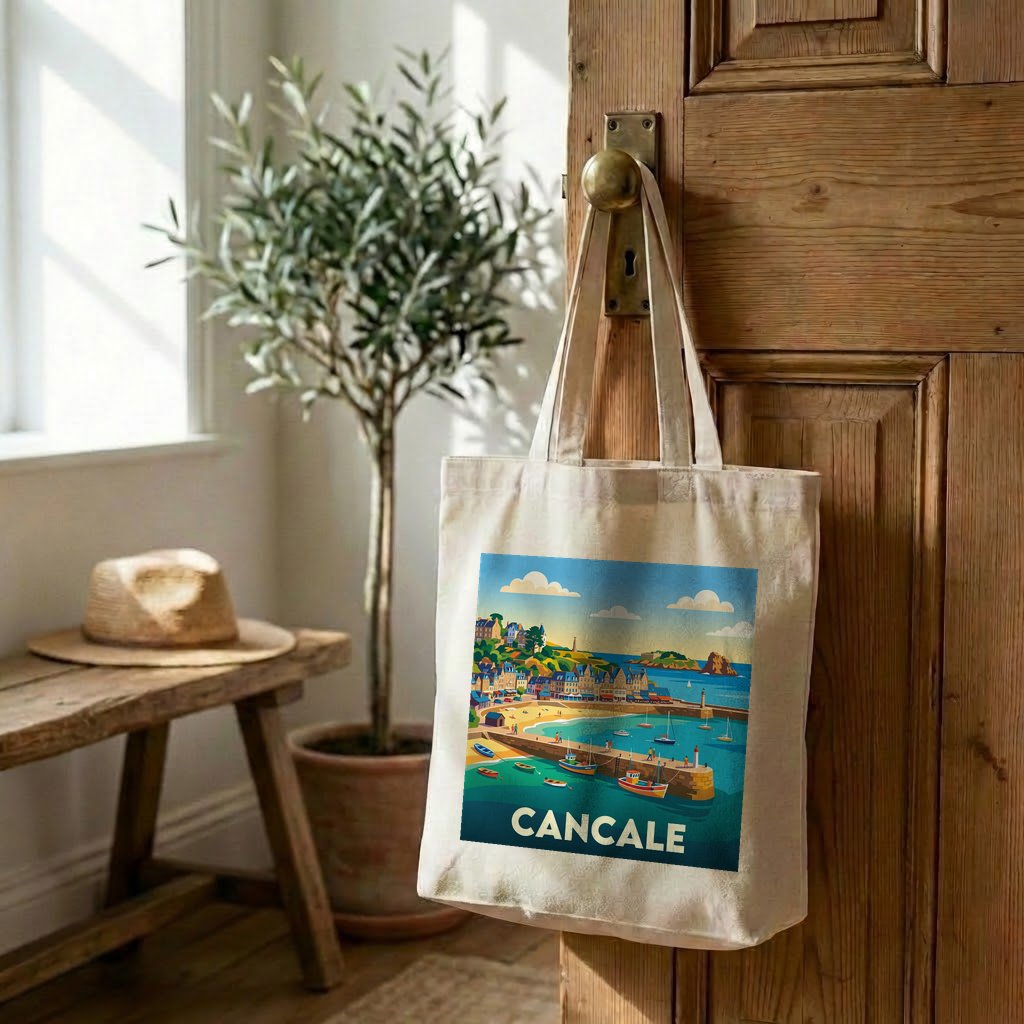 Tote bag souvenir de la ville de Cancale avec une illustration stylisée.
