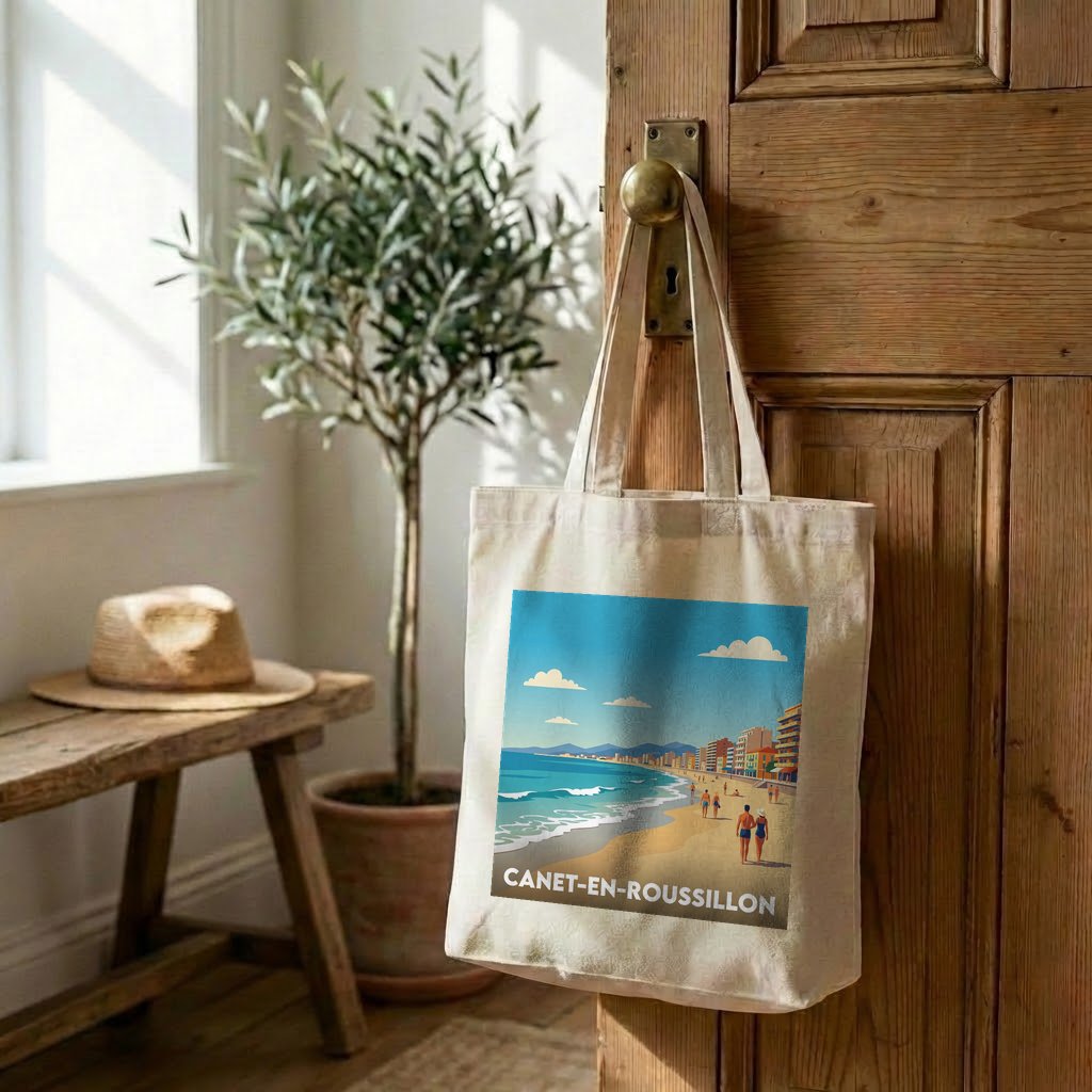 Tote bag souvenir de la ville de Canet-en-Roussillon avec une illustration de plage stylisée.