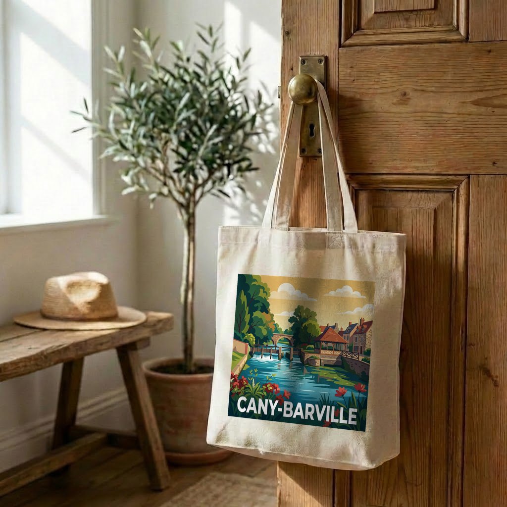 Tote bag souvenir de la ville de Cany-Barville avec une illustration stylisée.