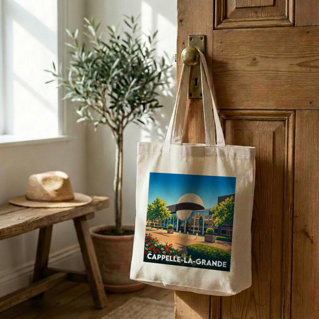 Tote bag souvenir de la ville de Cappelle-la-Grande avec une illustration colorée et stylisée.