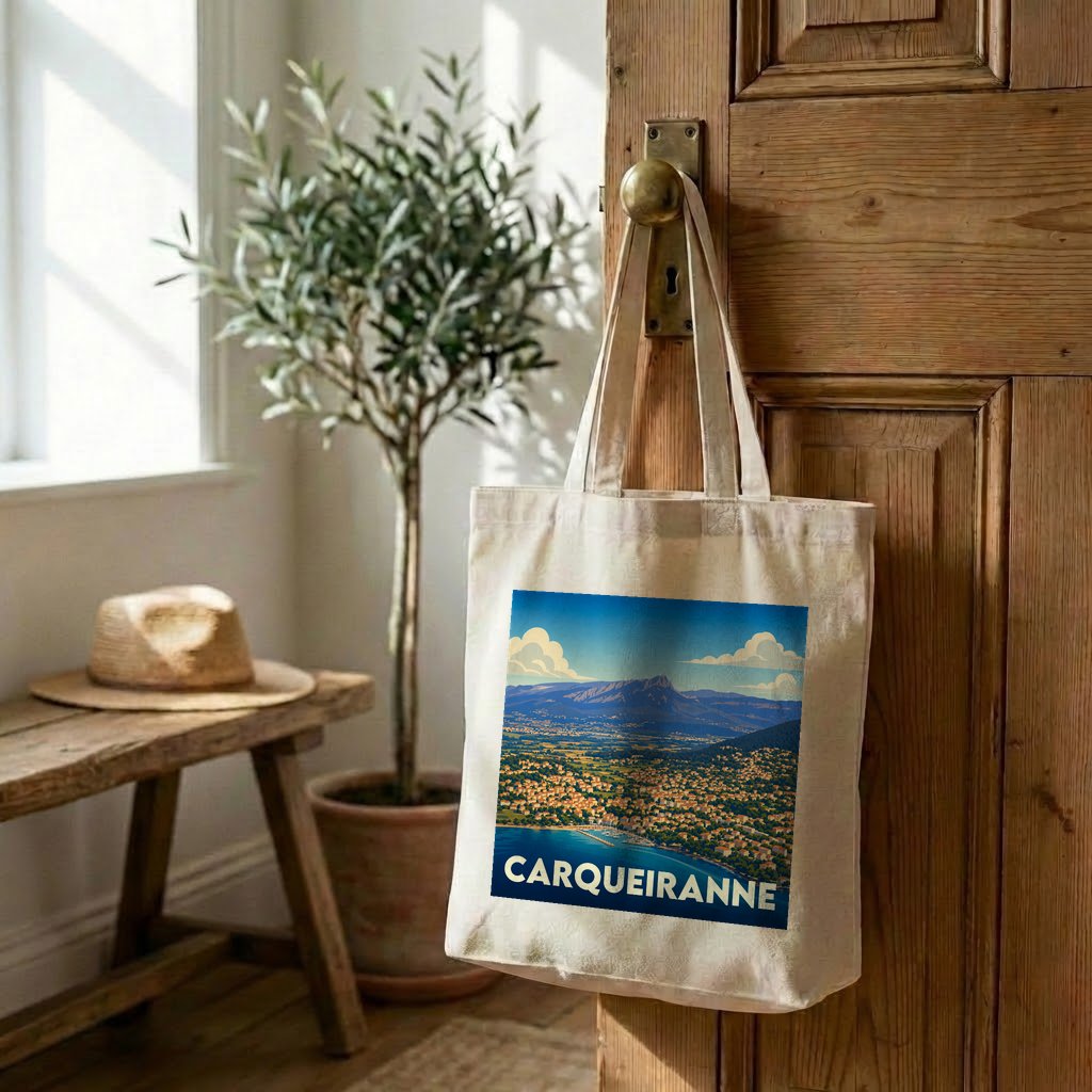 Tote bag souvenir de la ville de Carqueiranne avec une illustration paysagère stylisée.