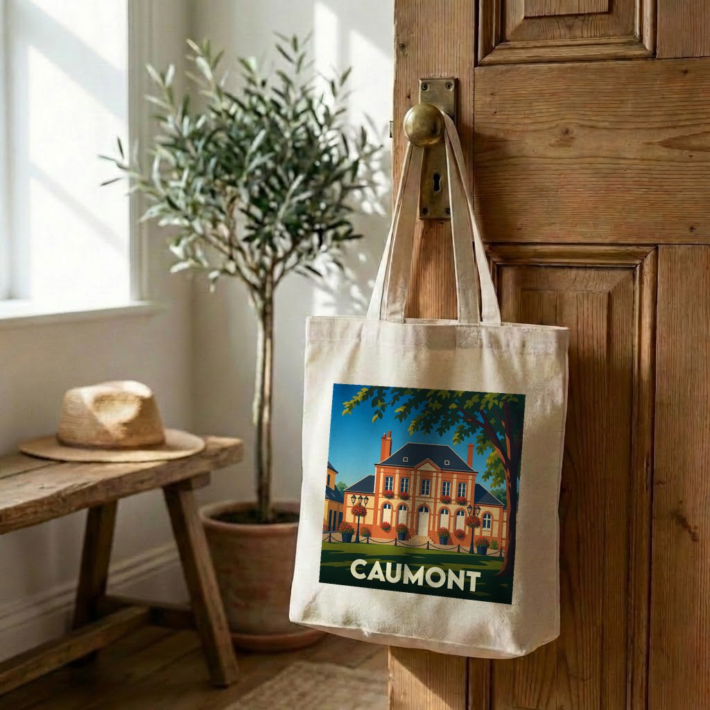 Tote bag souvenir de la ville de Caumont avec une illustration stylisée d'une demeure historique.