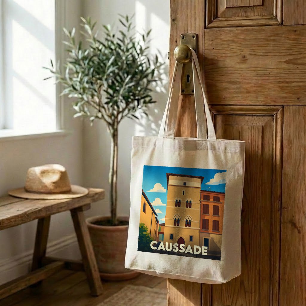 Tote bag souvenir de la ville de Caussade avec une illustration stylisée.
