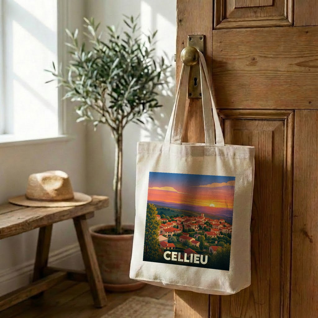 Tote bag souvenir de la ville de Cellieu avec une illustration stylisée d'un coucher de soleil.