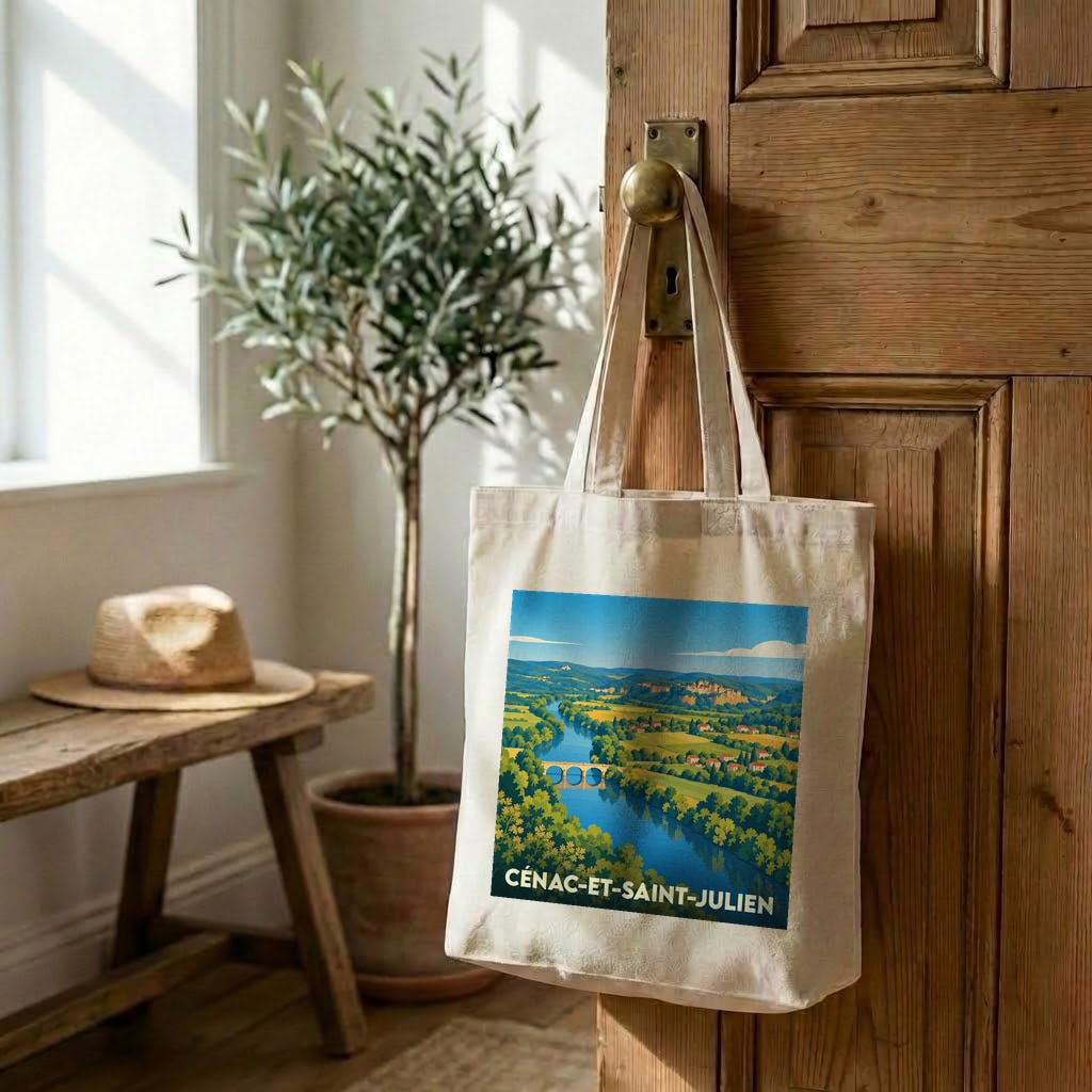 Tote bag souvenir de la ville de Cénac-et-Saint-Julien avec une illustration de paysage colorée.