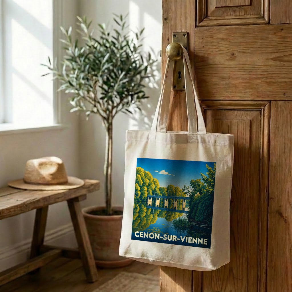 Tote bag souvenir de la ville de Cenon-sur-Vienne avec une illustration stylisée d'un pont au-dessus de l'eau.