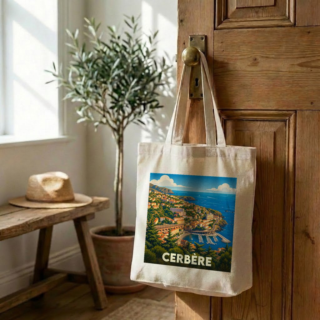 Tote bag souvenir de la ville de Cerbère avec une illustration de style affiche vintage.