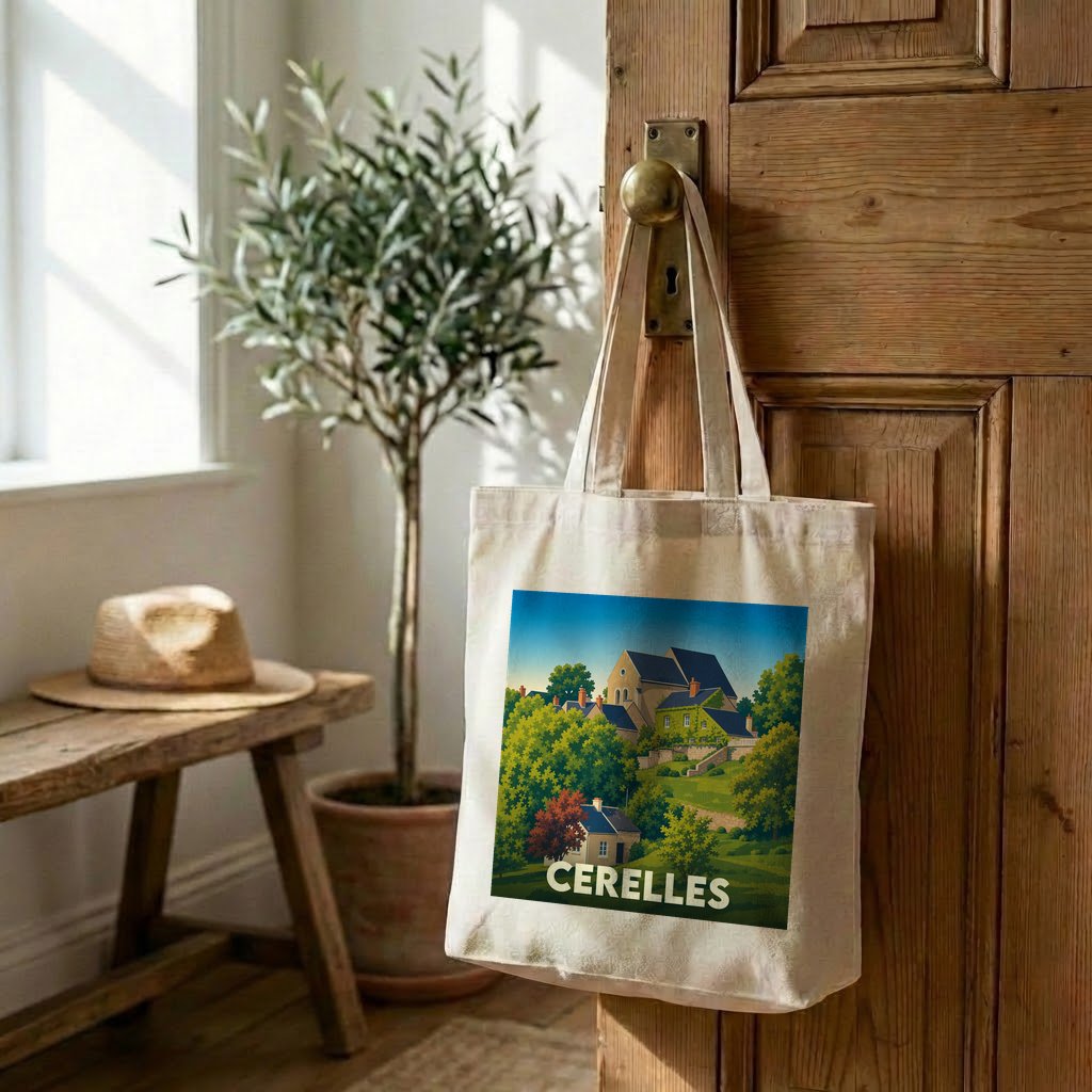 Tote bag souvenir de la ville de Cerelles avec une illustration stylisée de ses paysages et bâtiments.