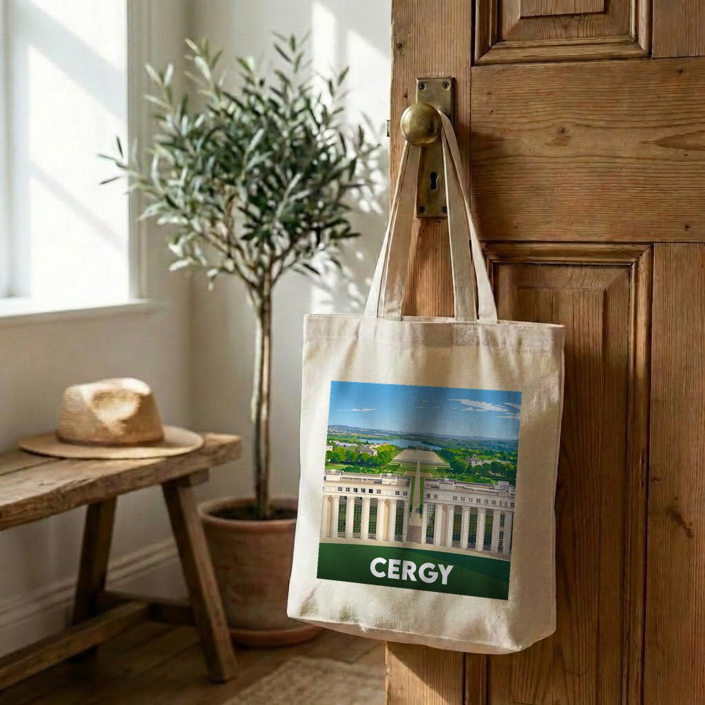 Tote bag souvenir de la ville de Cergy avec une illustration stylisée.