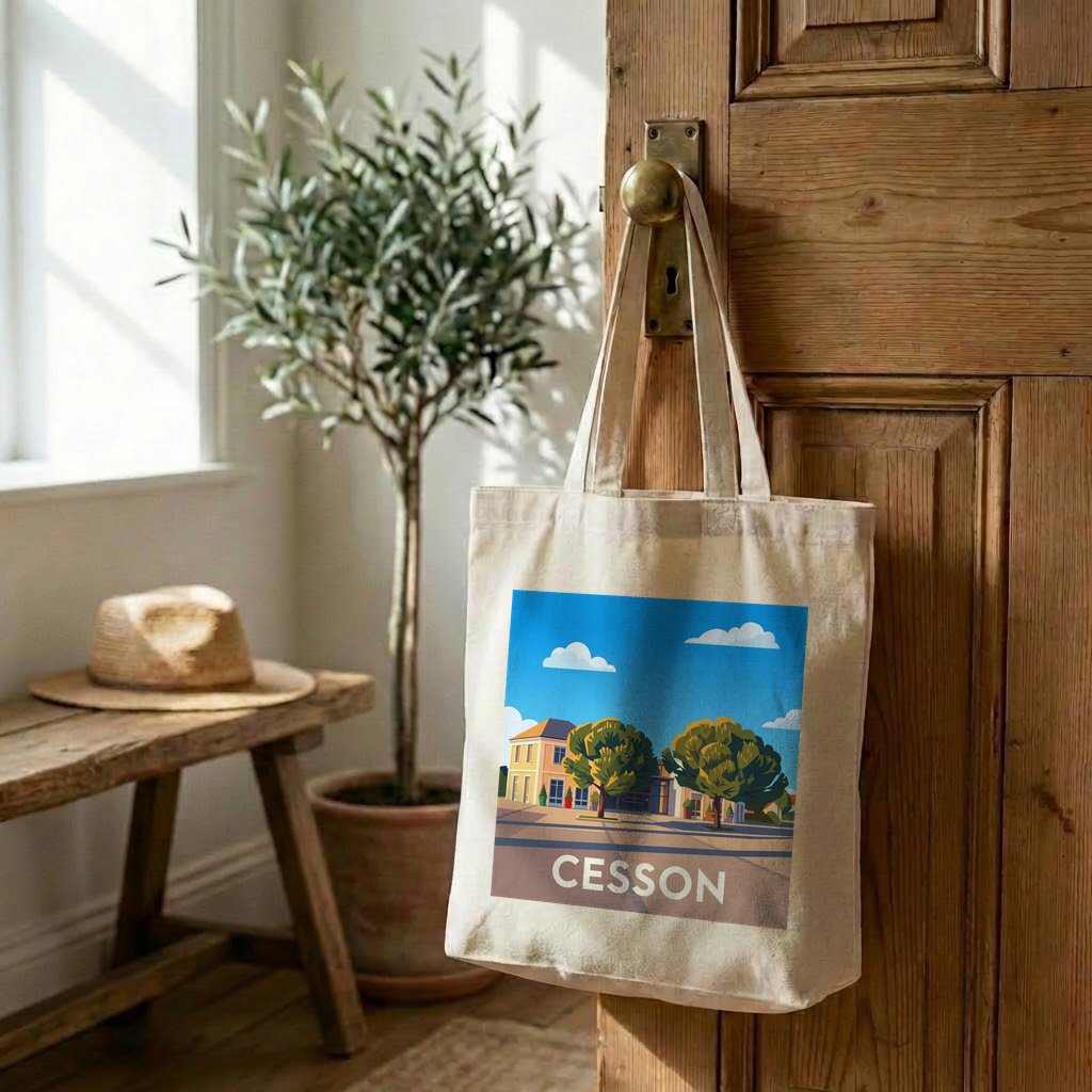 Tote bag souvenir de la ville de Cesson avec une illustration stylisée.