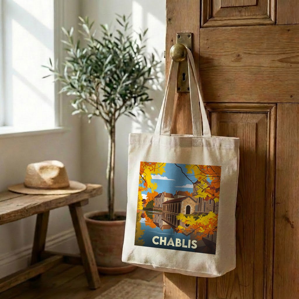 Tote bag souvenir de la ville de Chablis avec une illustration stylisée.