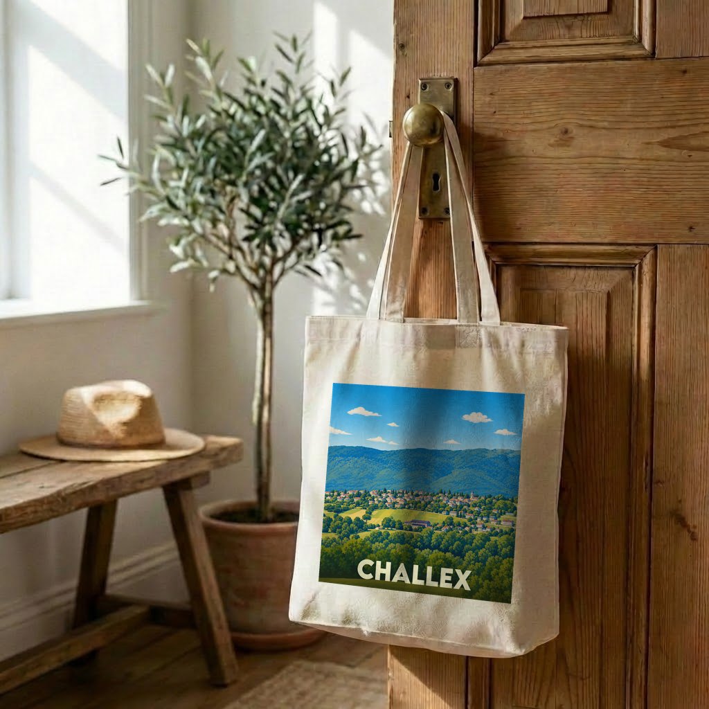 Tote bag souvenir de la ville de Challex avec une illustration de paysage stylisée.