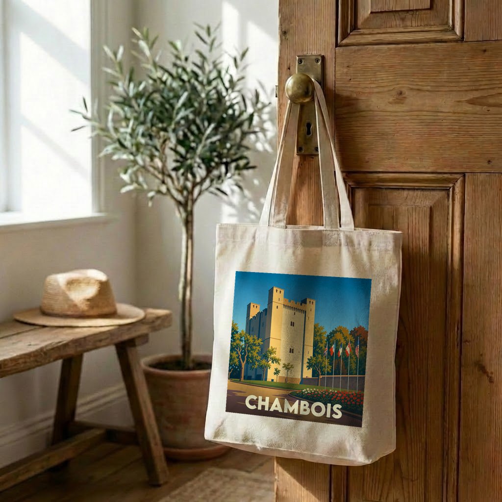 Tote bag souvenir de la ville de Chambois avec une illustration stylisée de son donjon médiéval.