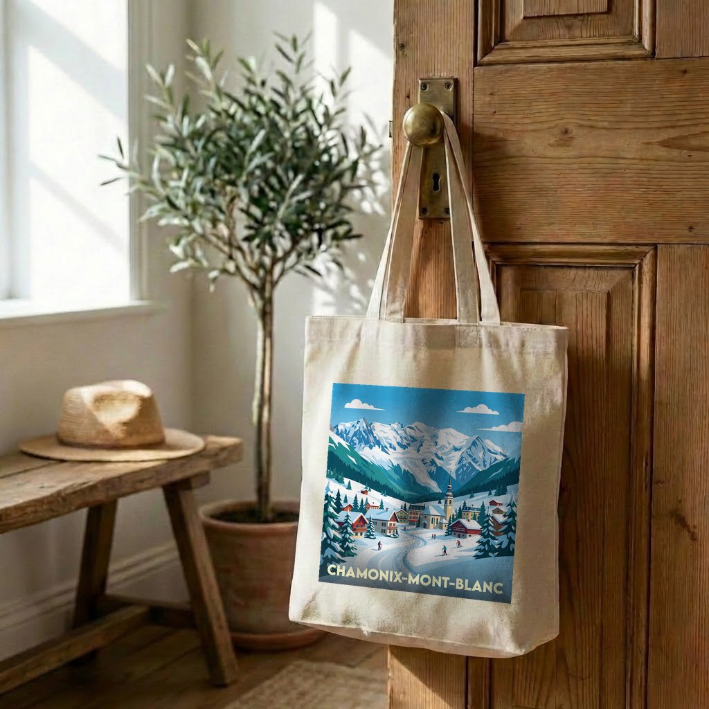 Tote bag souvenir de la ville de Chamonix-Mont-Blanc avec une illustration stylisée de montagne.