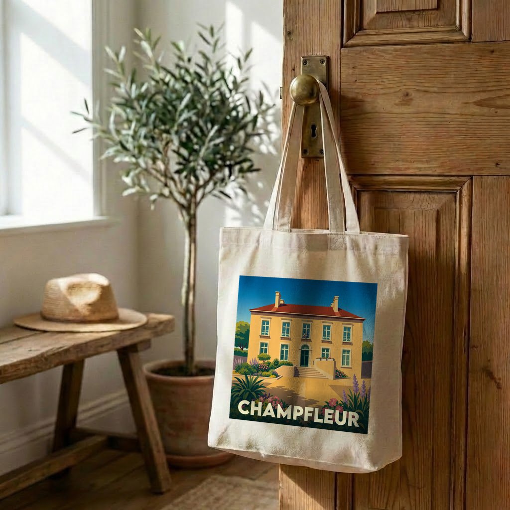 Tote bag souvenir de la ville de Champfleur avec une illustration stylisée.