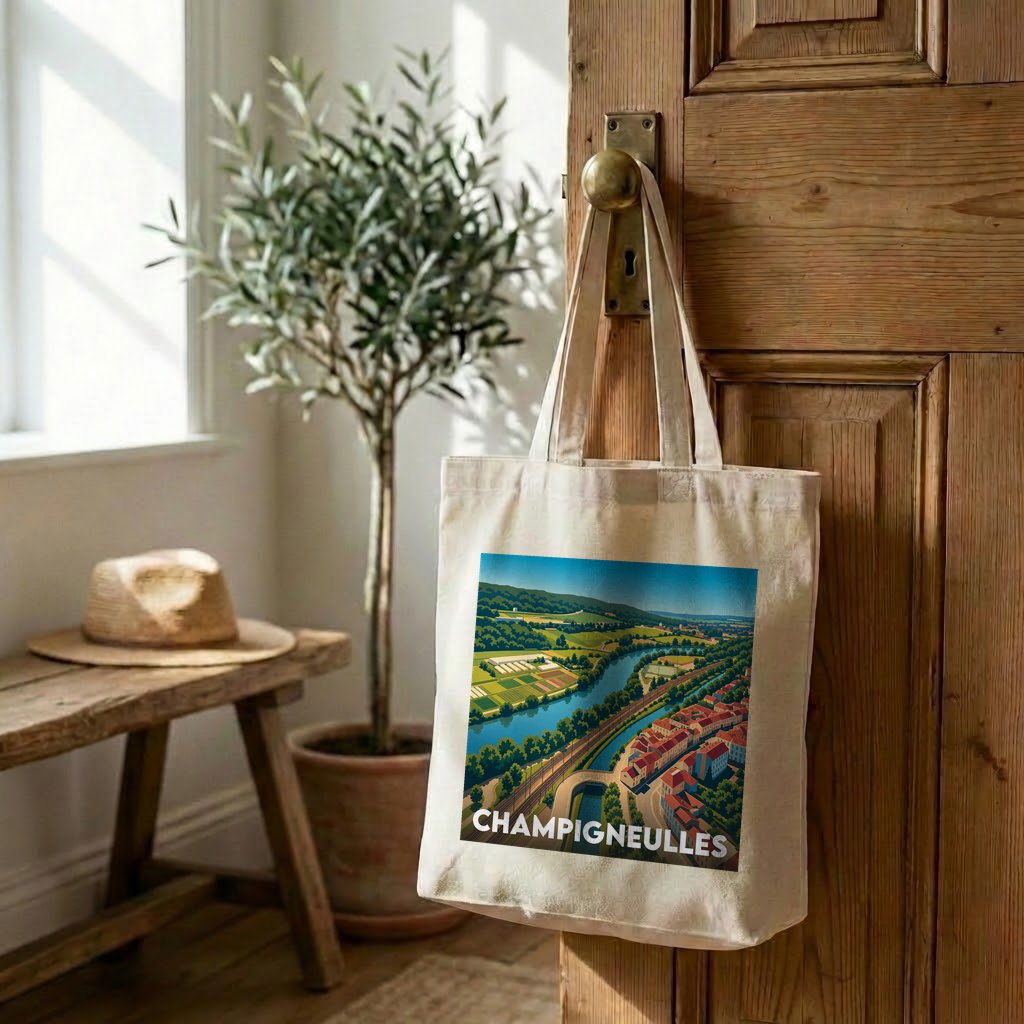 Tote bag souvenir de la ville de Champigneulles avec une illustration stylisée.