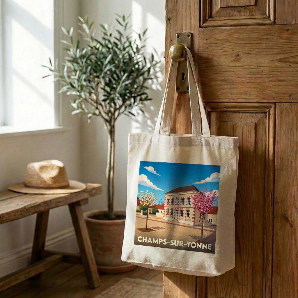 Tote bag souvenir de la ville de Champs-sur-Yonne avec une illustration stylisée.