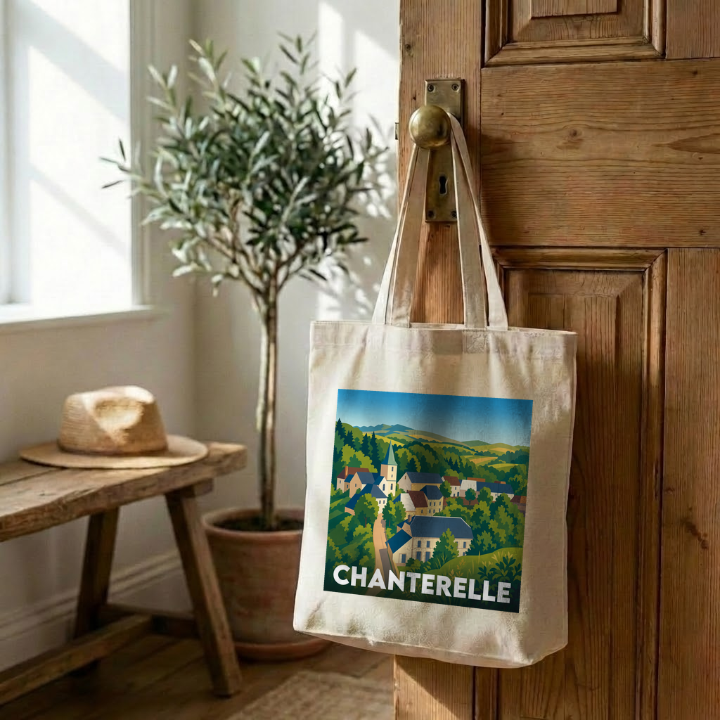 Tote bag souvenir de la ville de Chanterelle avec une illustration stylisée.