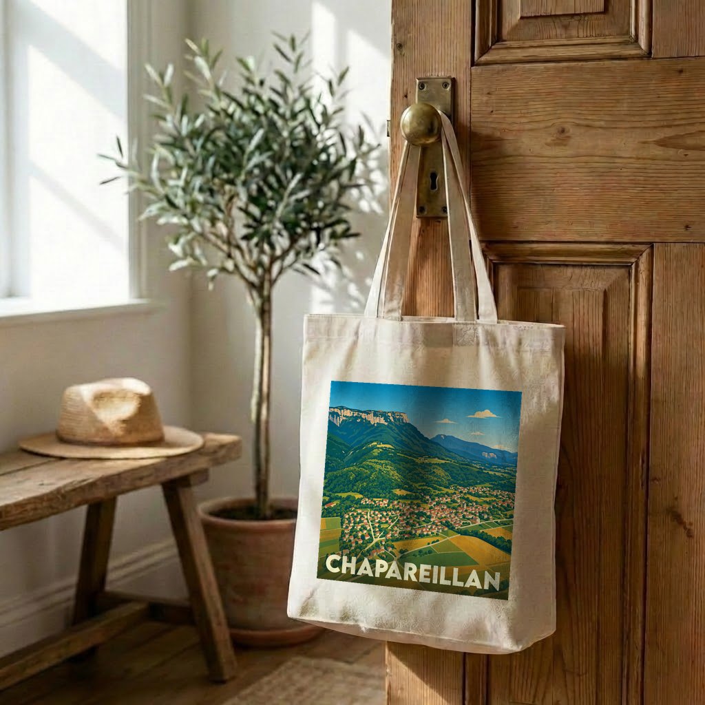 Tote bag souvenir de la ville de Chapareillan avec une illustration de paysage colorée.