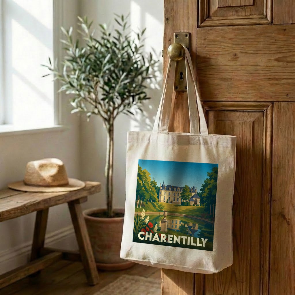 Tote bag souvenir de la ville de Charentilly avec une illustration stylisée d'un château.