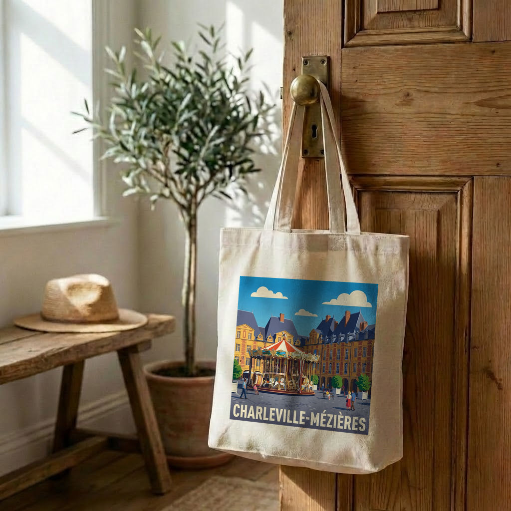 Tote bag souvenir de la ville de Charleville-Mézières avec une illustration stylisée et colorée.
