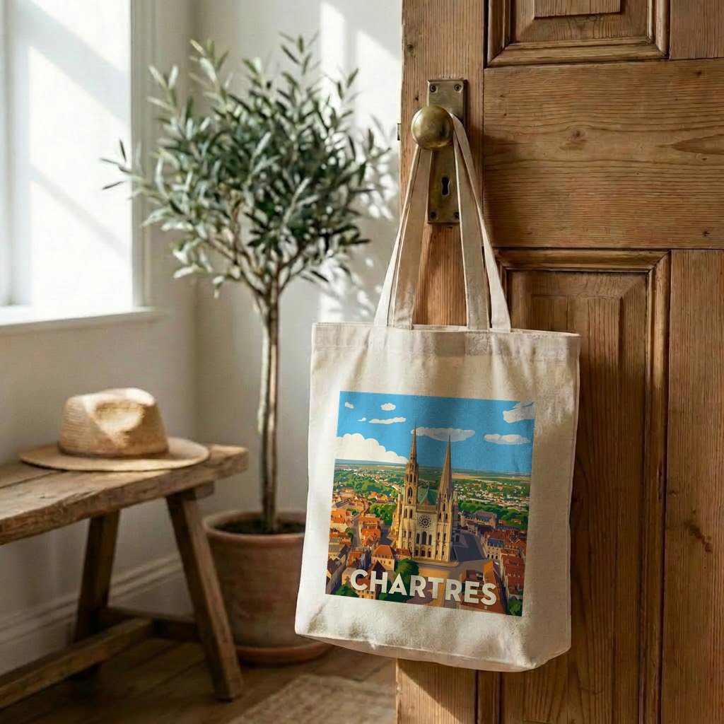 Tote bag souvenir de la ville de Chartres avec une illustration stylisée de sa cathédrale.