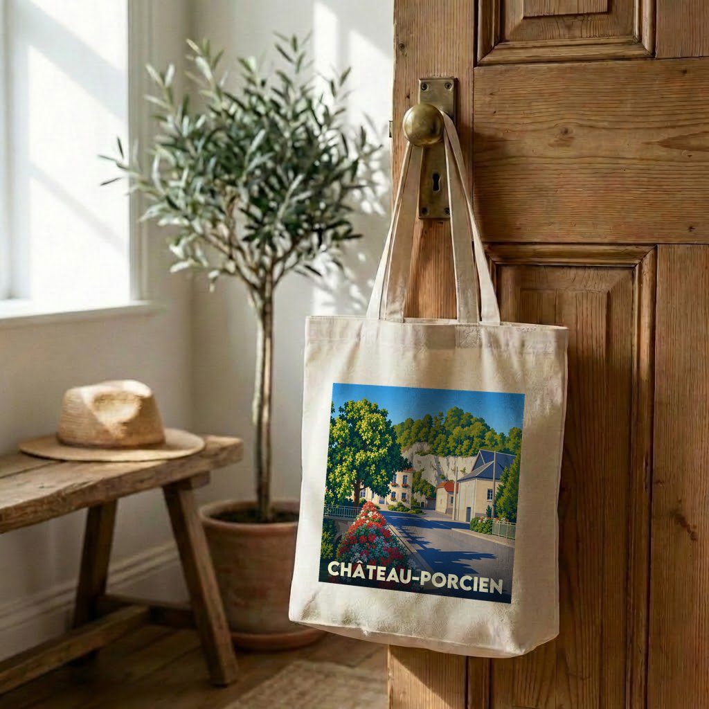 Tote bag souvenir de la ville de Château-Porcien avec une illustration stylisée.