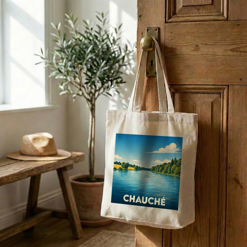 Tote bag souvenir de la ville de Chauché avec une illustration de paysage stylisée.
