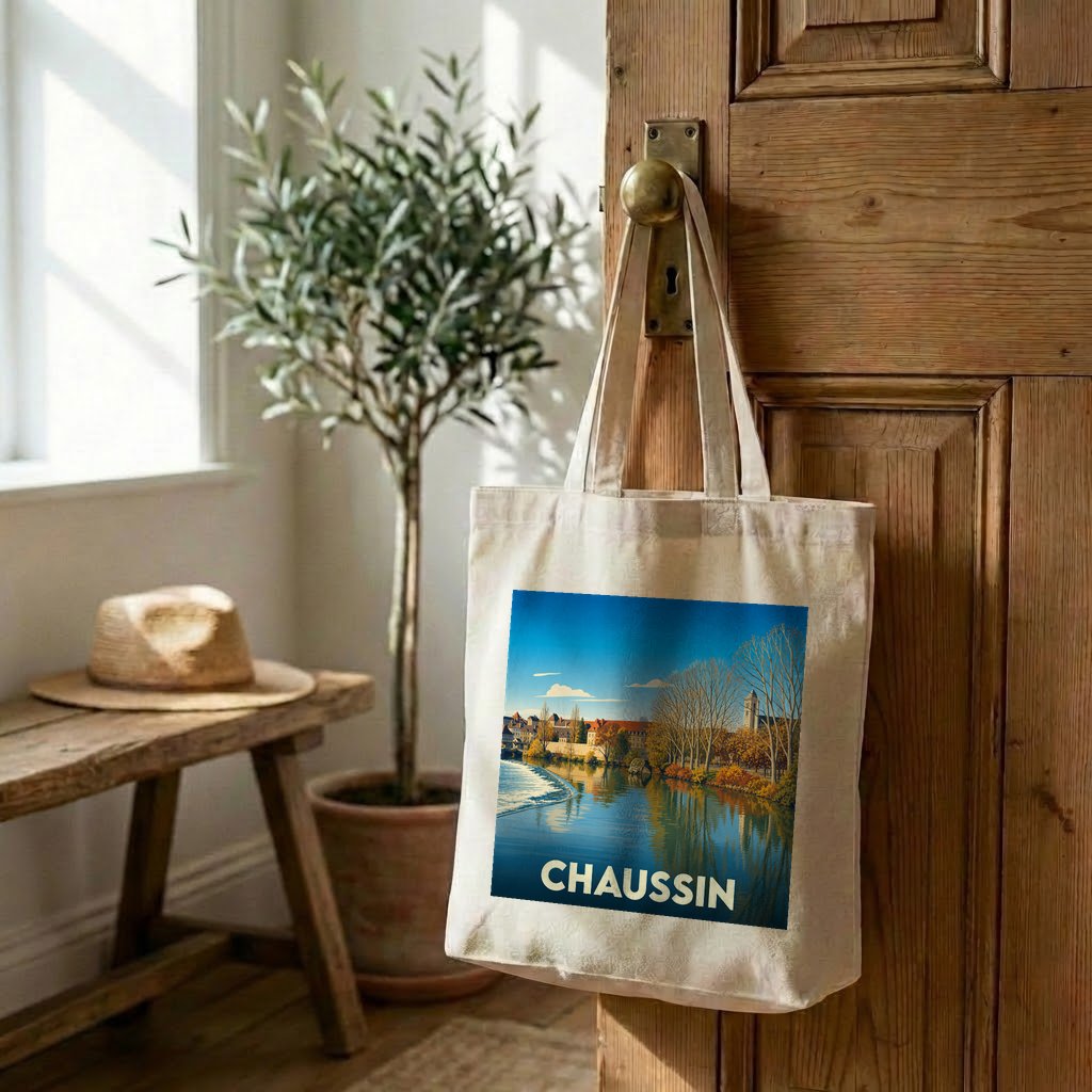 Tote bag souvenir de la ville de Chaussin avec une illustration stylisée de son paysage fluvial.