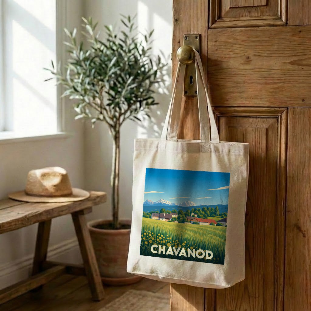 Tote bag souvenir de la ville de Chavanod avec une illustration paysagère stylisée.