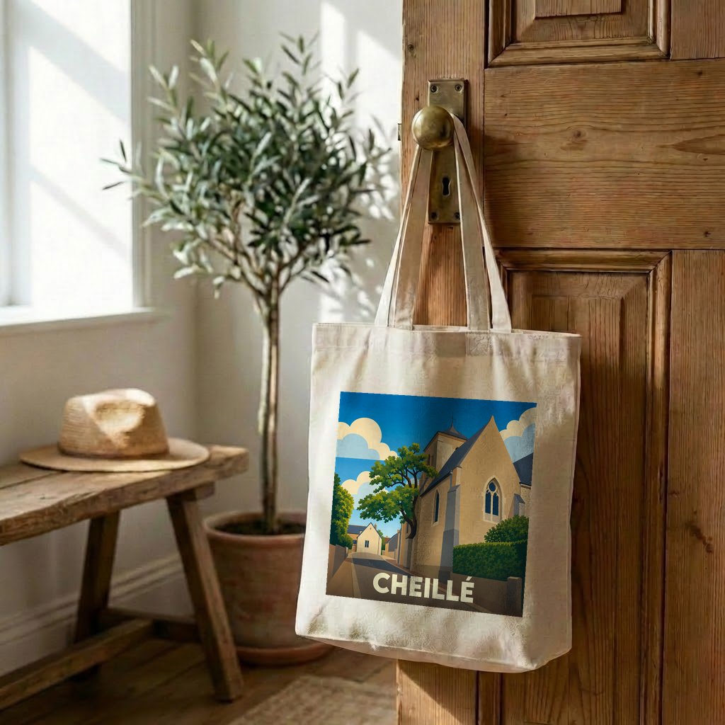 Tote bag souvenir de la ville de Cheillé avec une illustration stylisée.