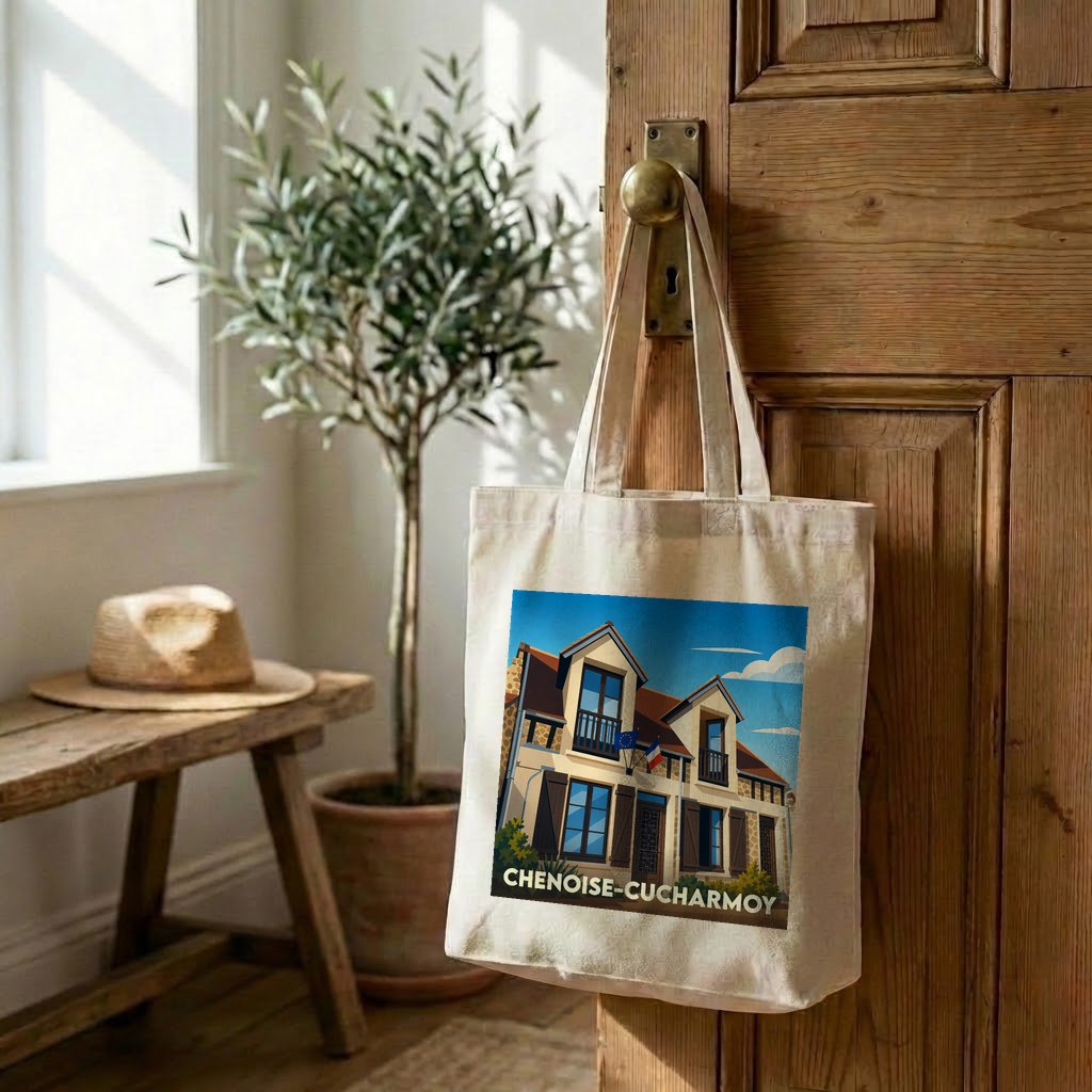 Tote bag souvenir de la commune de Chenoise-Cucharmoy avec une illustration stylisée de sa mairie.