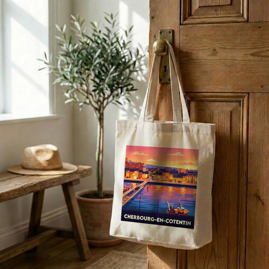 Tote bag souvenir de la ville de Cherbourg-en-Cotentin avec une illustration stylisée du port au coucher du soleil.