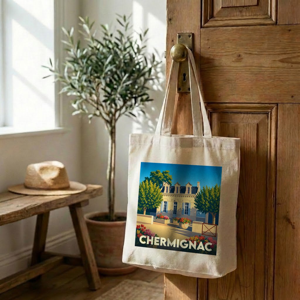 Tote bag souvenir de la ville de Chermignac avec une illustration stylisée.