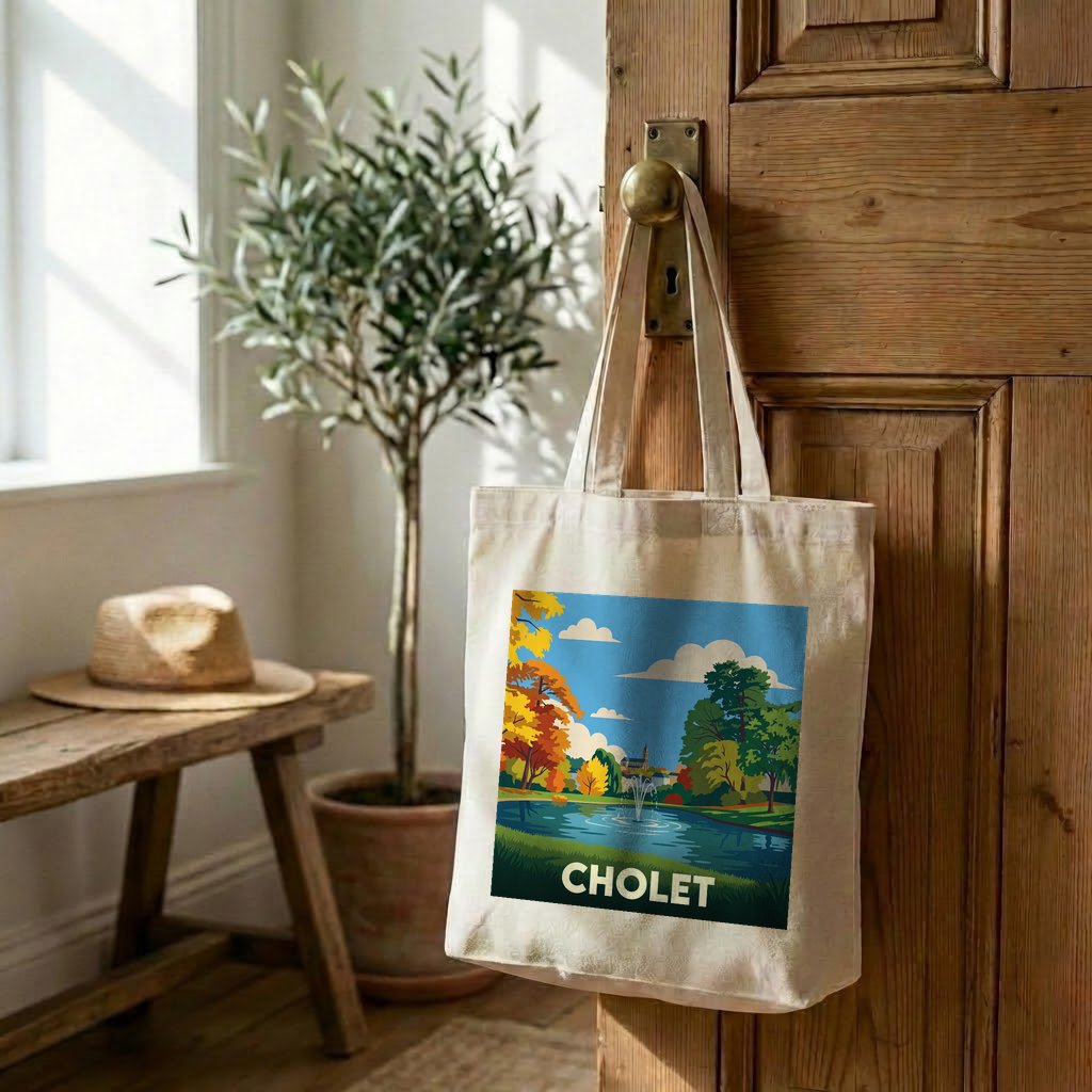 Tote bag souvenir de la ville de Cholet avec une illustration stylisée de son parc.