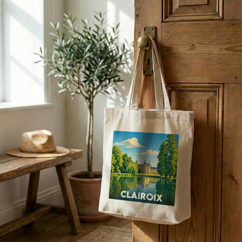 Tote bag souvenir de la ville de Clairoix avec une illustration stylisée d'un château au bord de l'eau.