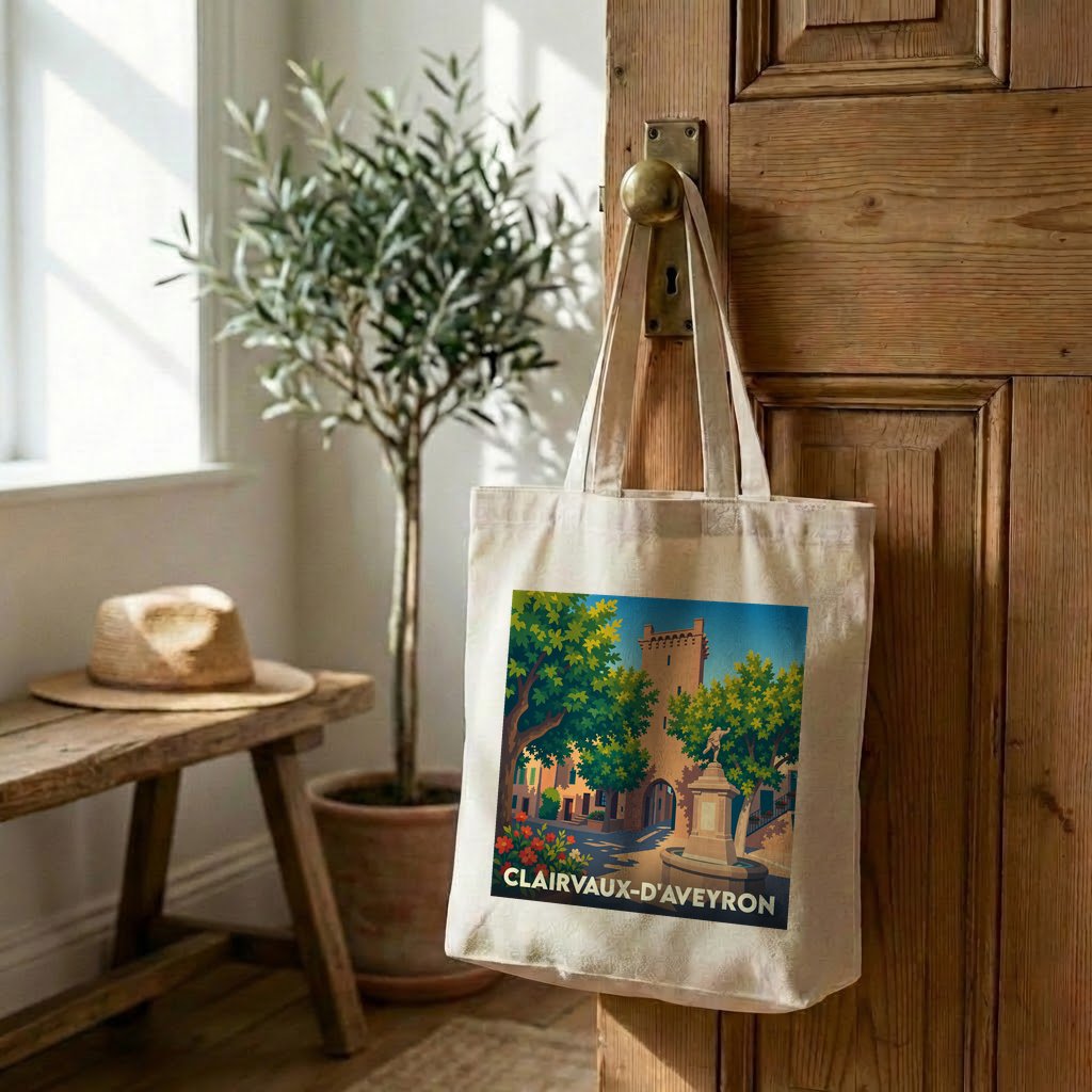 Tote bag souvenir de la ville de Clairvaux-d'Aveyron avec une illustration stylisée d'une place arborée et d'une tour médiévale.