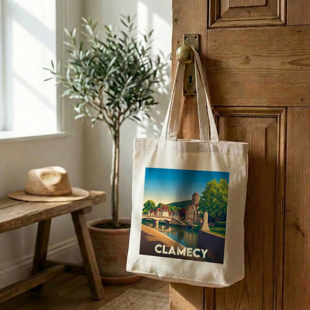 Tote bag souvenir de la ville de Clamecy avec une illustration stylisée.