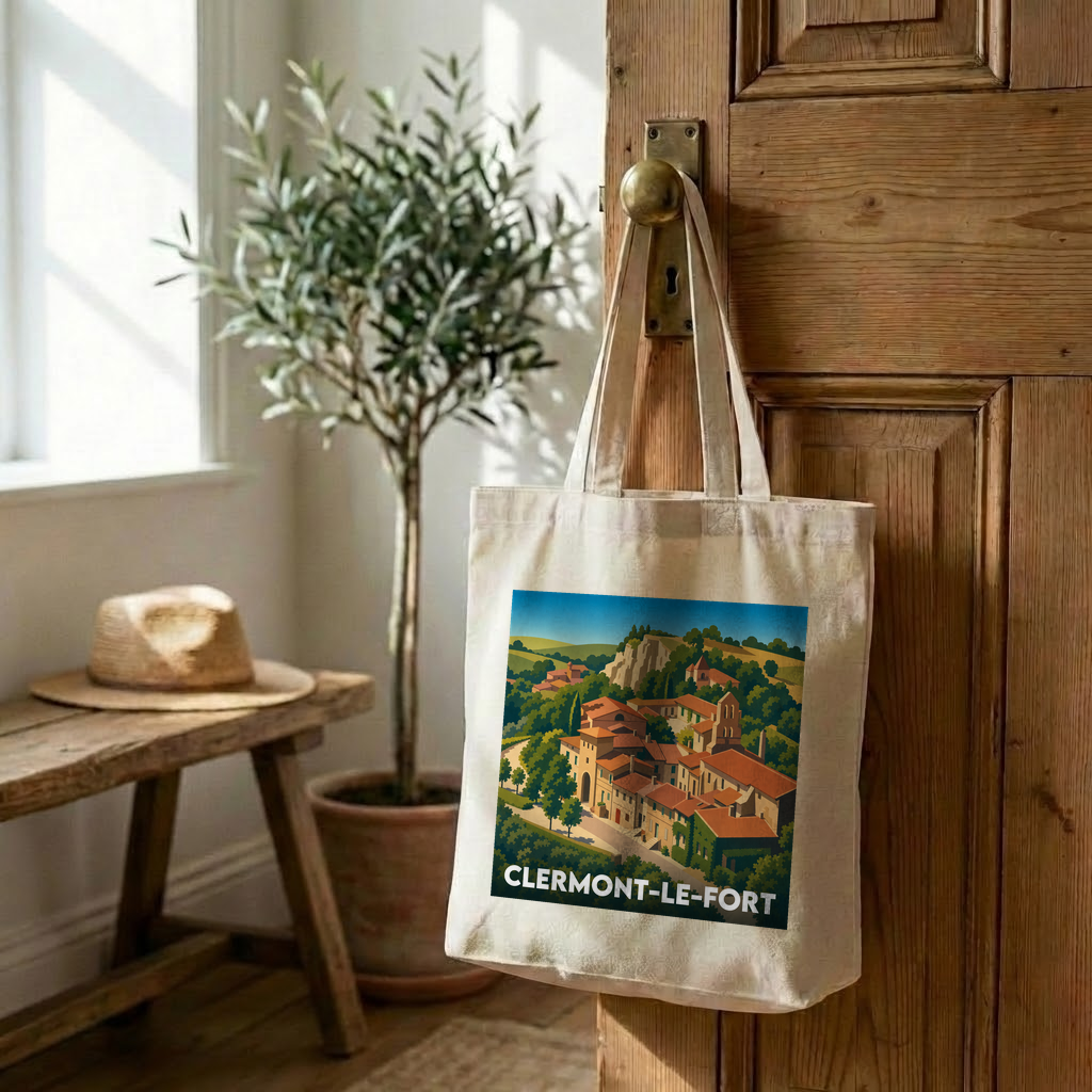 Tote bag souvenir de la ville de Clermont-le-Fort avec une illustration stylisée.